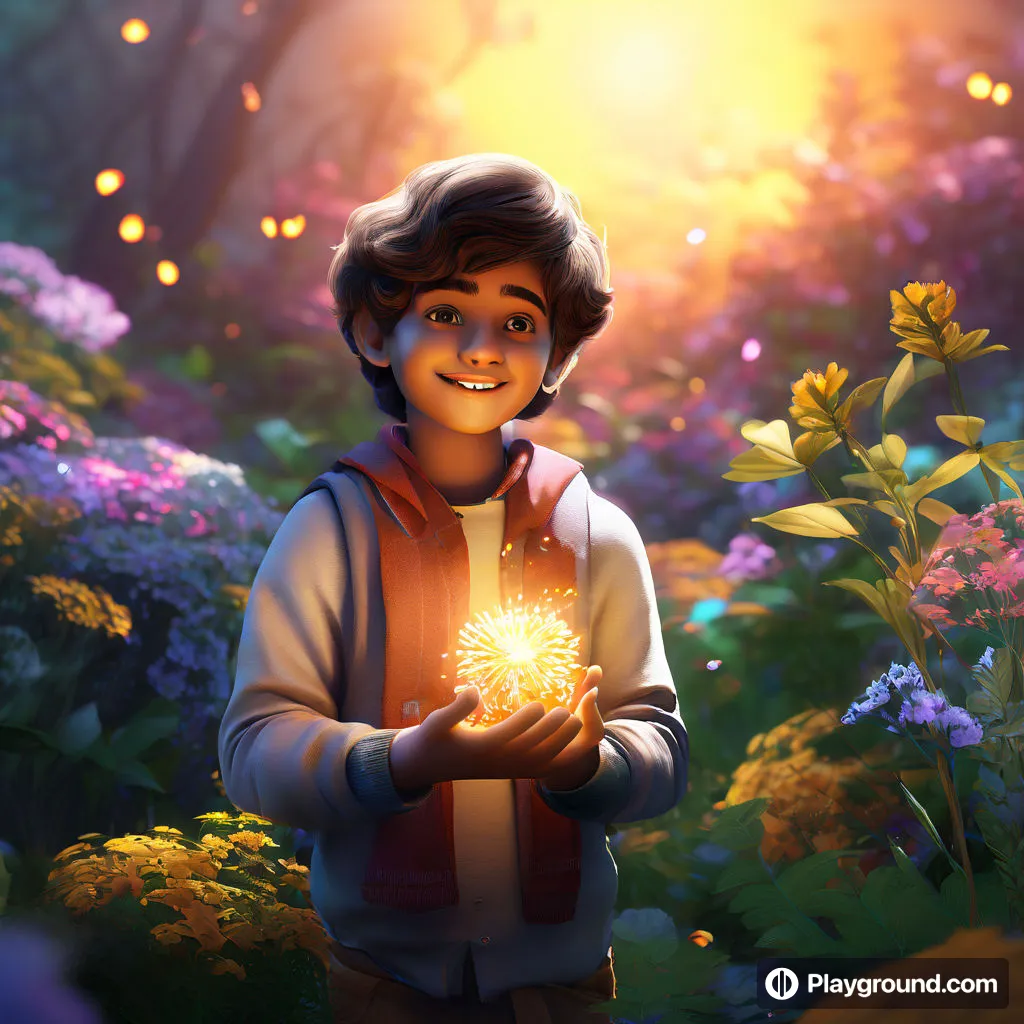 a young boy holding a sparkler in a field of flowers