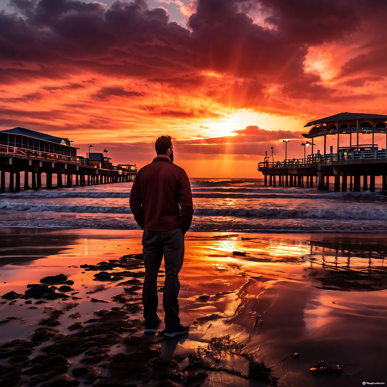 a man standing on top of a beach next to the ocean