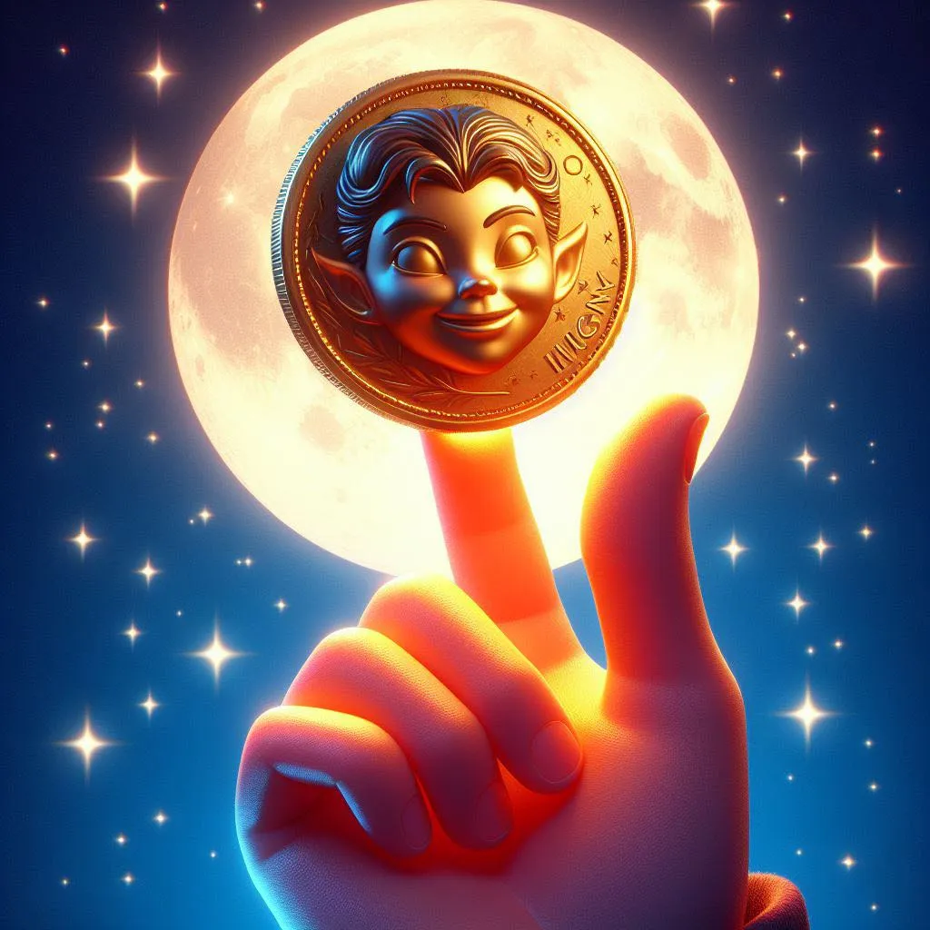 a hand is holding a coin in front of a full moon