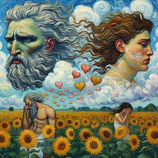 a painting of two people in a field of sunflowers