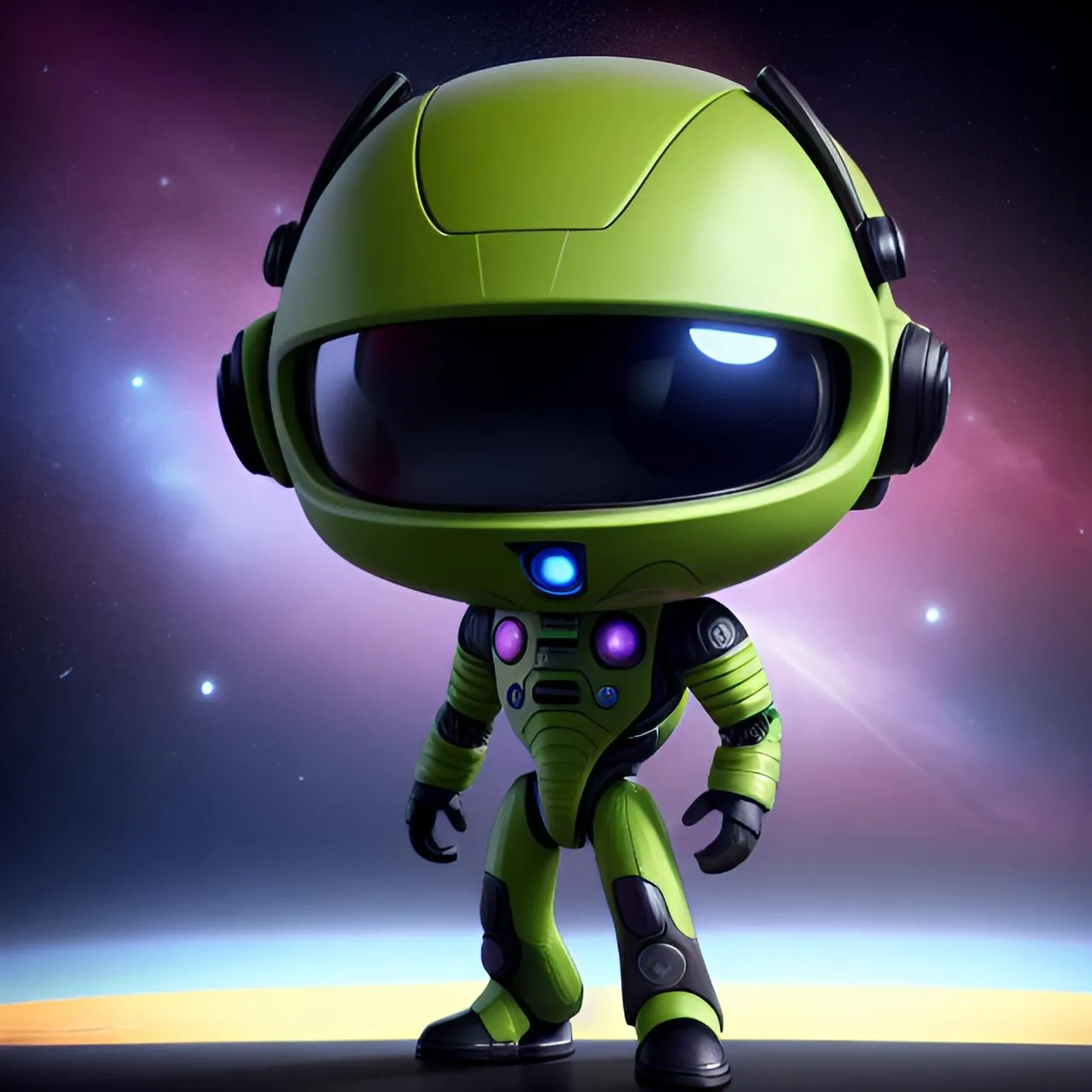 a green robot with glowing eyes standing in a space