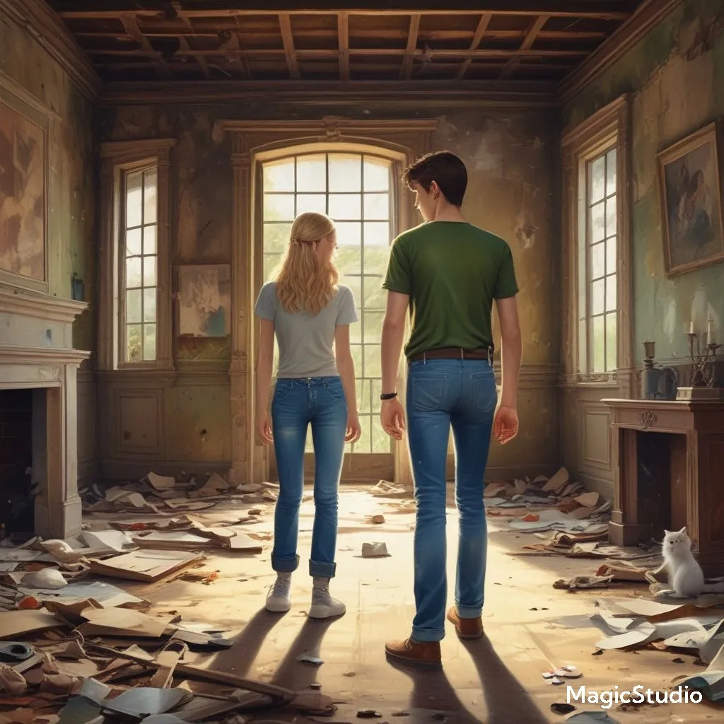 a man and a woman in white shirt standing in a room full of books not holding hands with a white cat besides them zoom out 