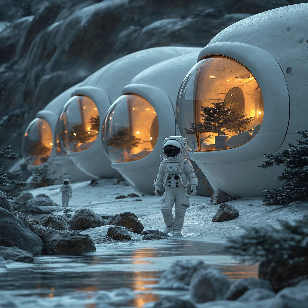 a couple walking slow in a white space suit standing in front of a row of snow covered