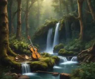 a painting of a violin in a forest