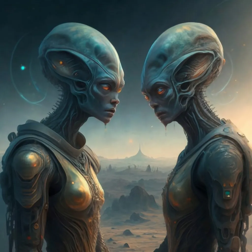 a couple of aliens standing next to each other