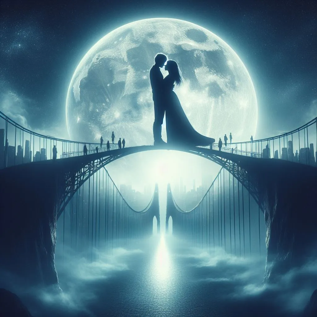 a couple standing on a bridge in front of a full moon