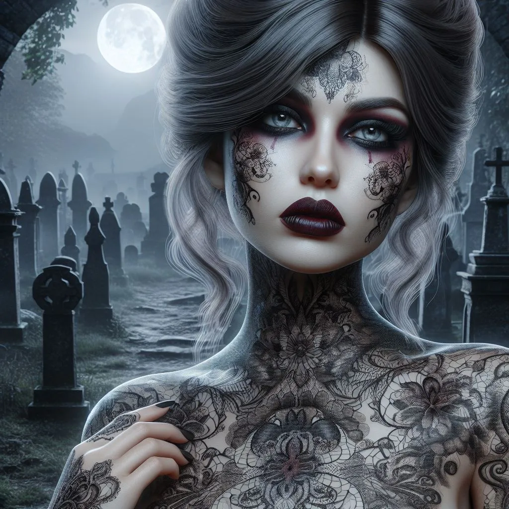 a woman with tattoos on her body standing in front of a cemetery