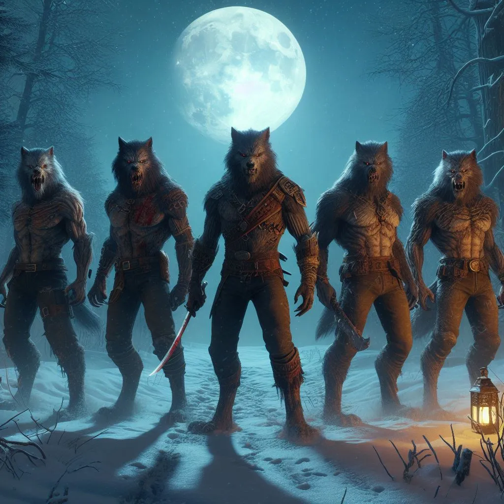 a group of werewolves standing in the snow in front of a full moon