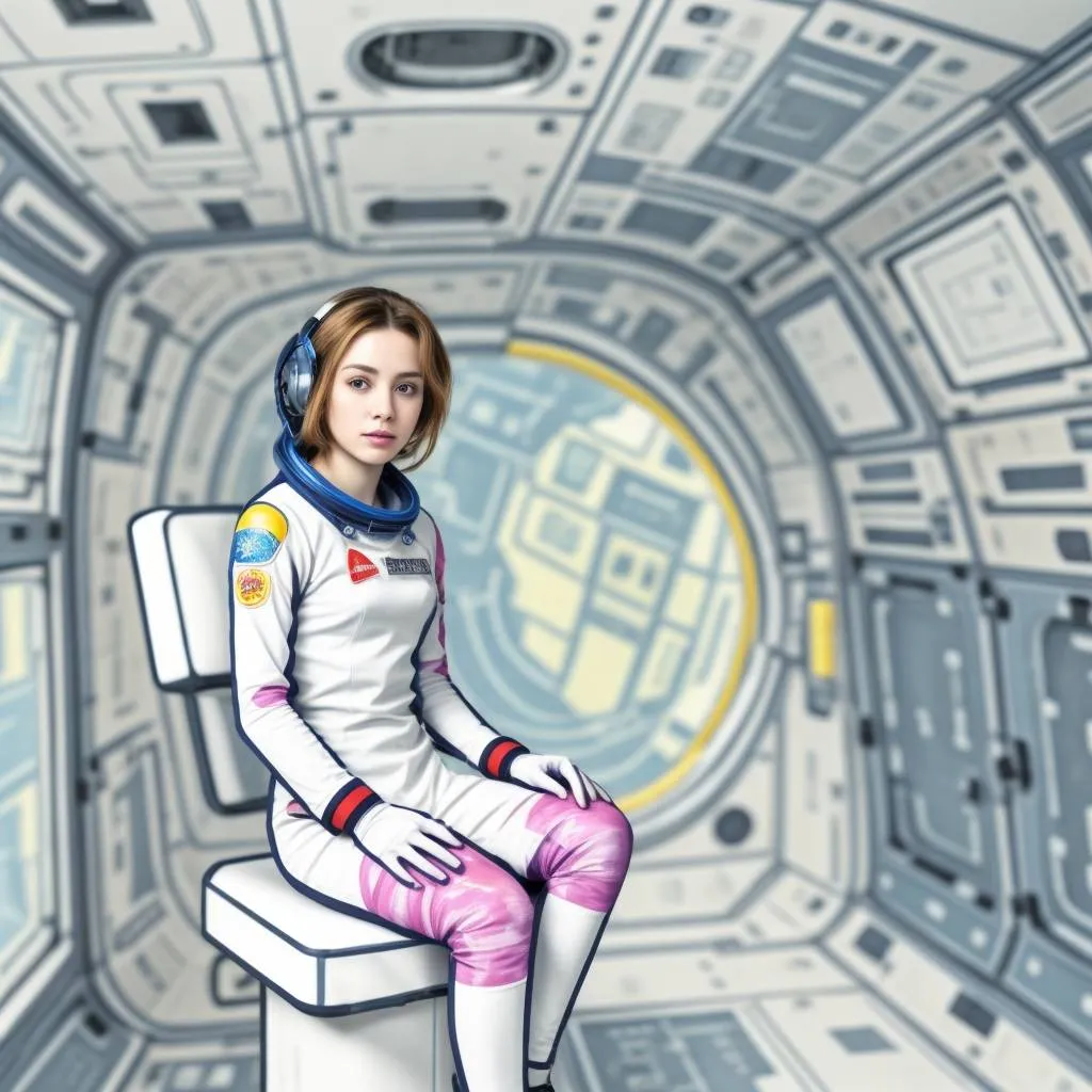 a woman in a space suit sitting on a bench