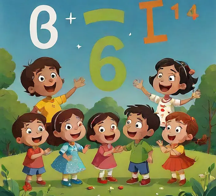 a group of children standing in front of a number sign