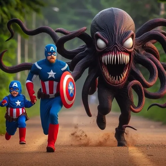 captain america saving little boy from giant octopus-monster