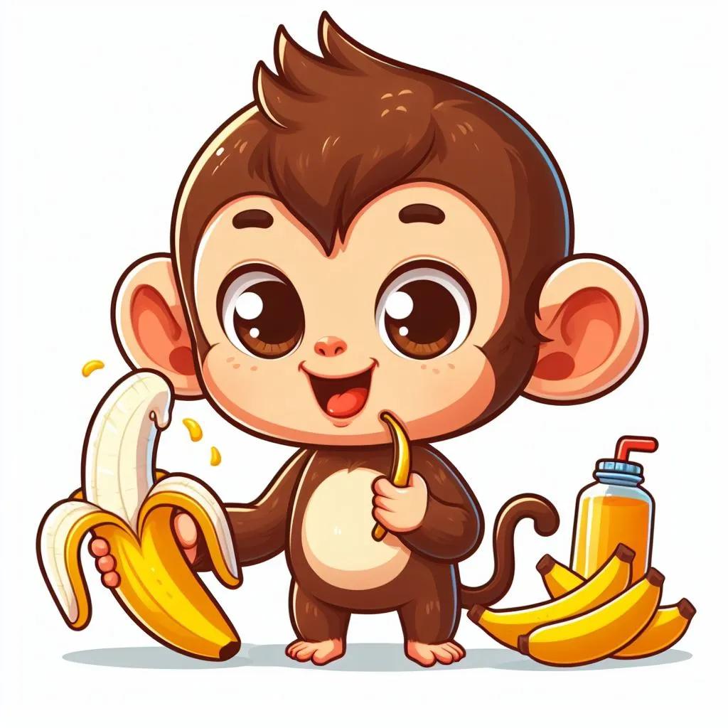 a cartoon monkey holding a banana and a bottle