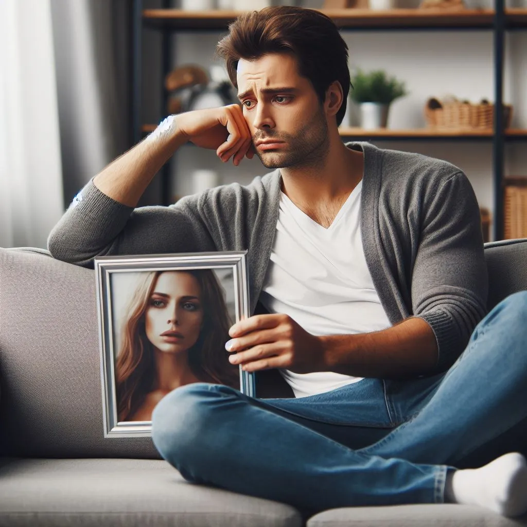 a man sitting on a couch holding a picture of a woman beloved