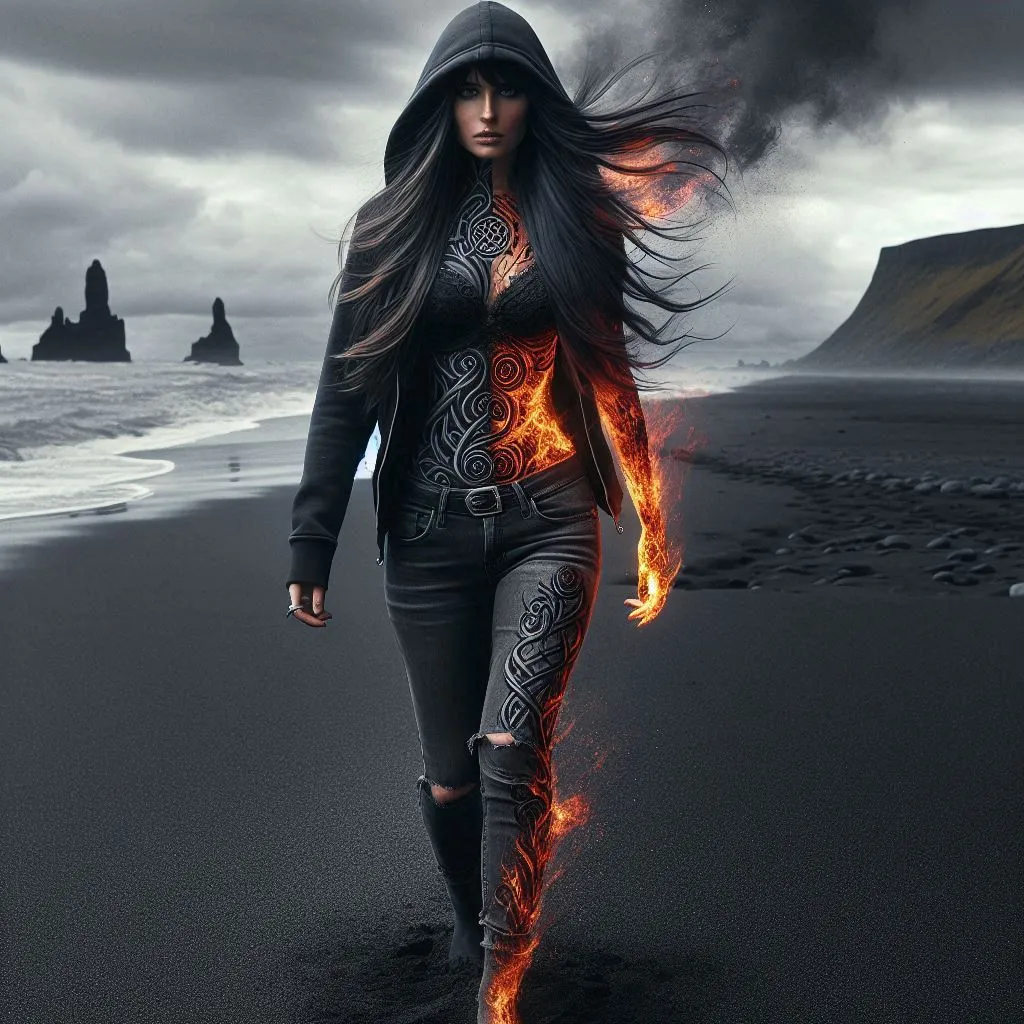 walking on black beach, woman half woman with long straight hair in the hoodie and jeans, with Celtic fire ornaments, second half like a demon, fused with black roses, front to the camera, dark fantasy theme, great details, realistic image, concept art 4K