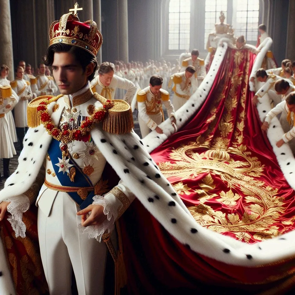 a man in a white suit with a red and gold crown