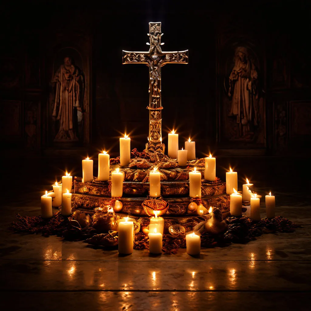 a cross surrounded by candles in a dark room