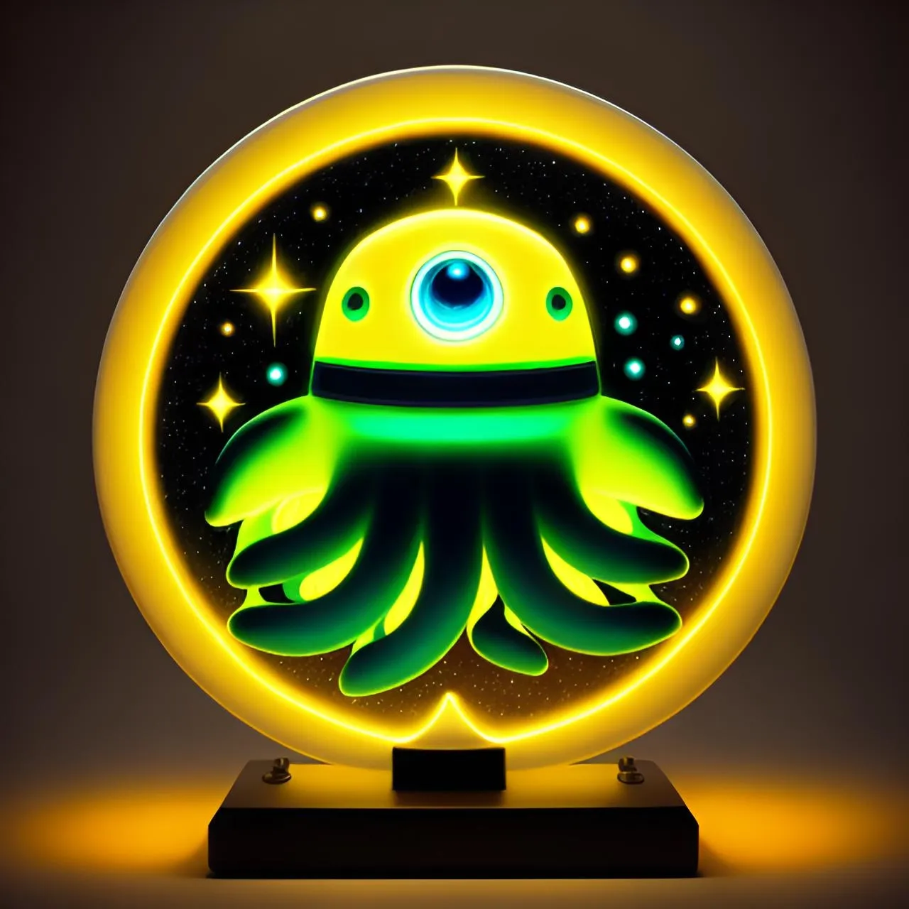 a yellow and green neon octopus on a black base