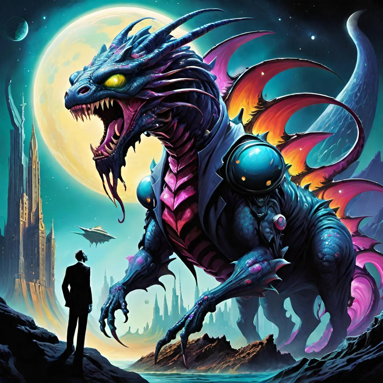 a man standing next to a dragon in front of a full moon