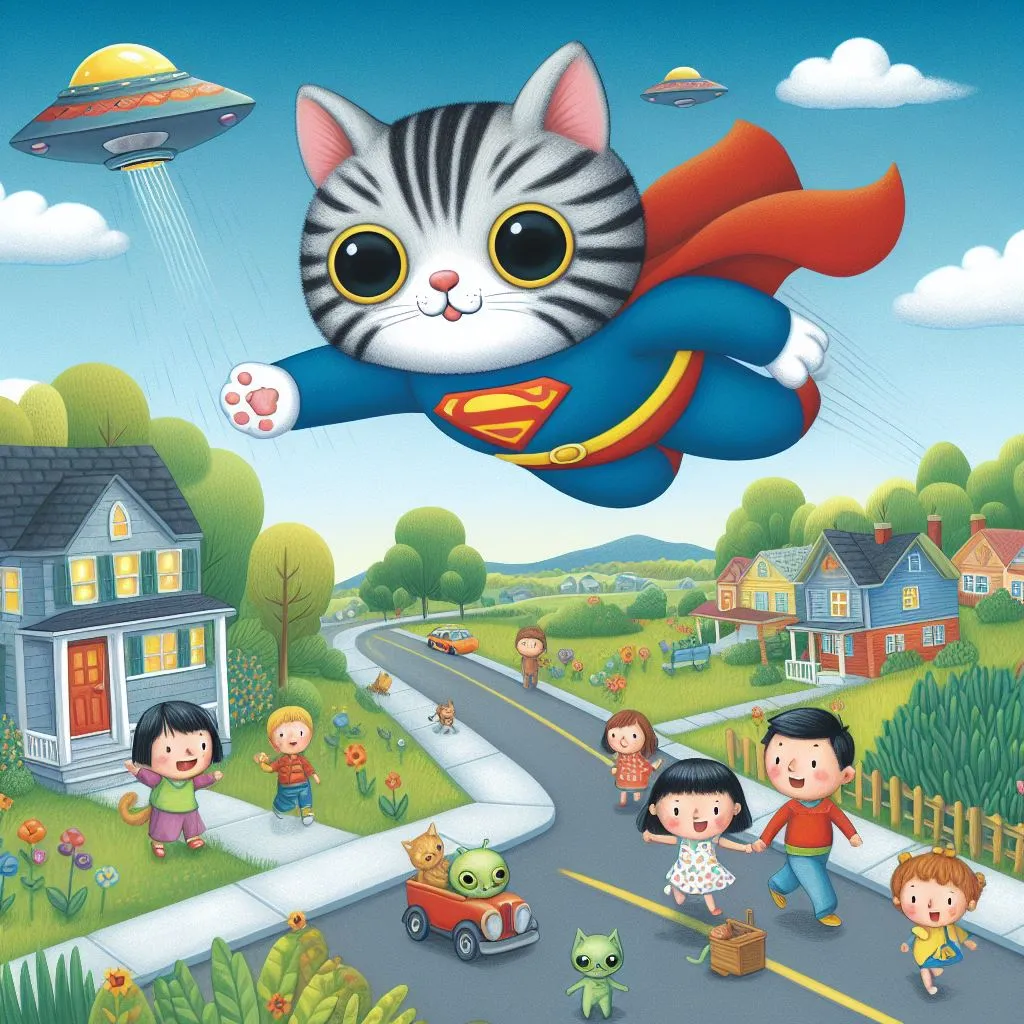 a painting of a cat flying over a street