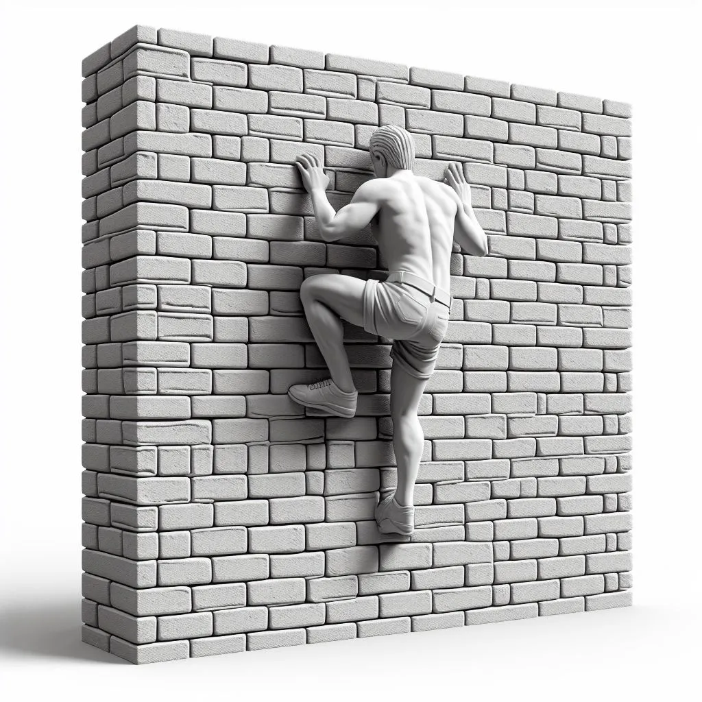 rectangle, human body, brick, gesture, art, brickwork, wall, elbow, sculpture, facade Climbing the wall 