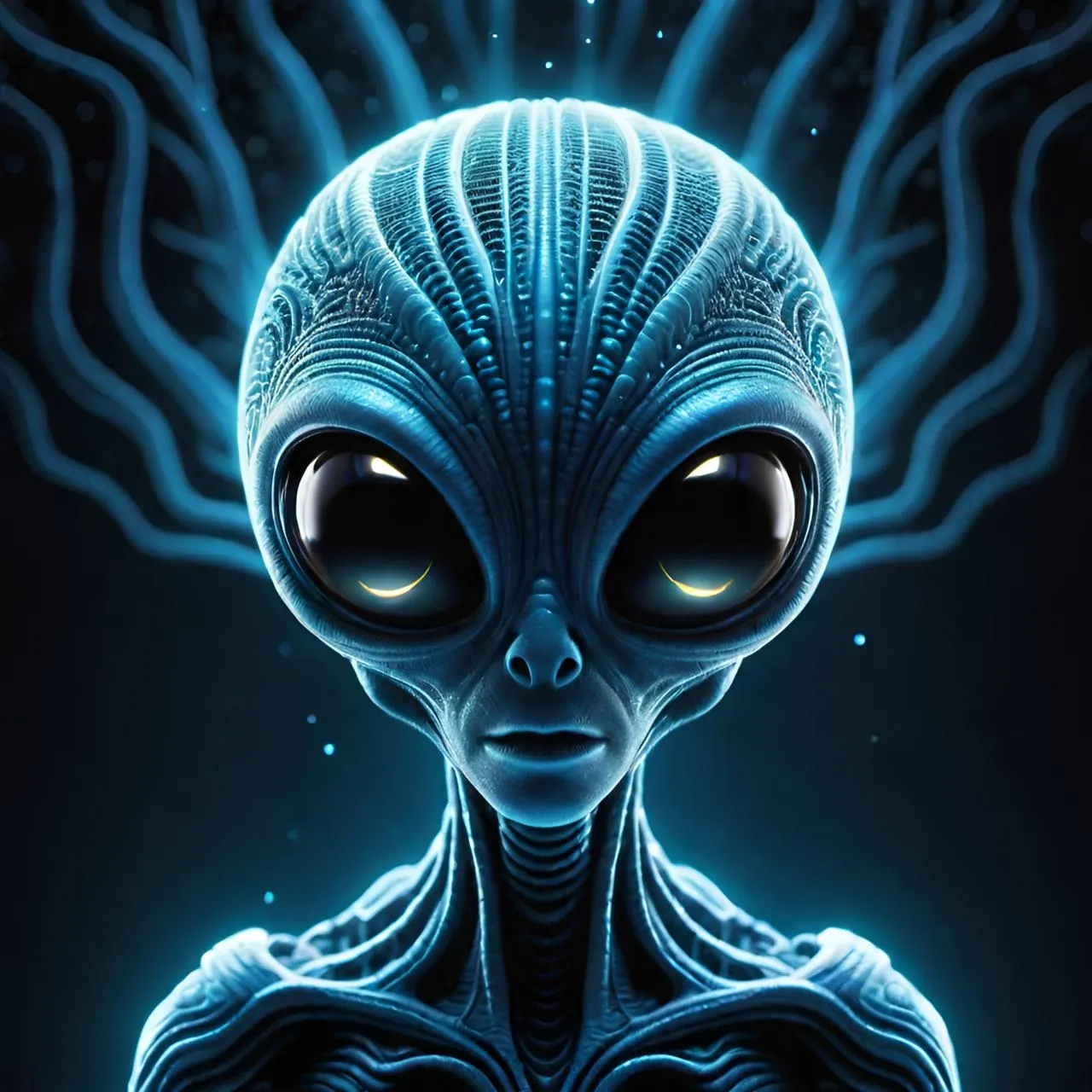 a blue alien with glowing eyes and a black background