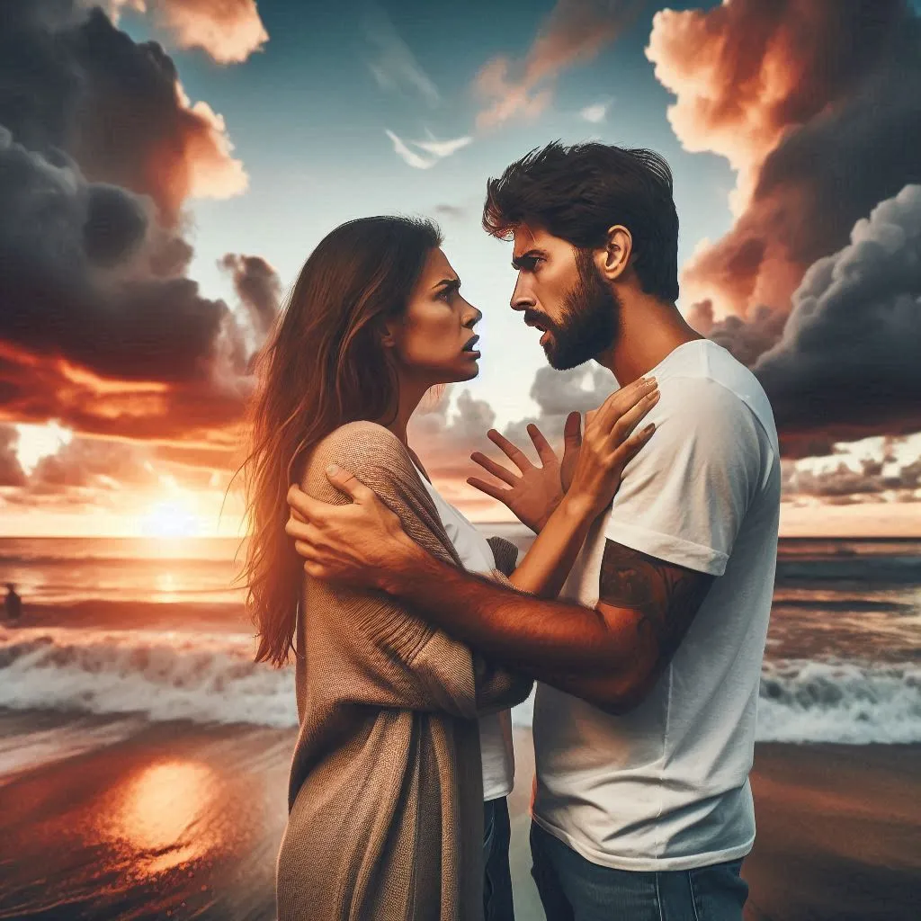 a man and a woman standing on a beach at sunset