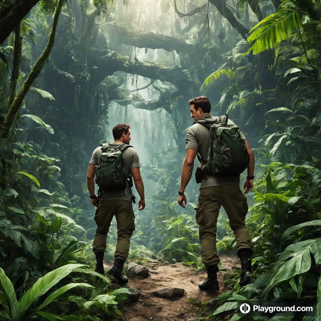 a couple of men walking through a lush green forest