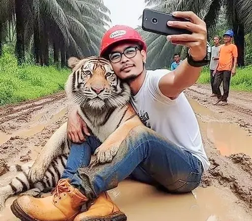 a man taking a selfie with a tiger