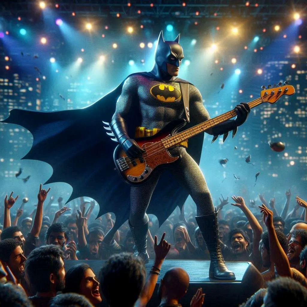 batman playing the guitar at a fast rate while dancing to the rhythm. the crown is jumping up and down. quick pans out., advertising style