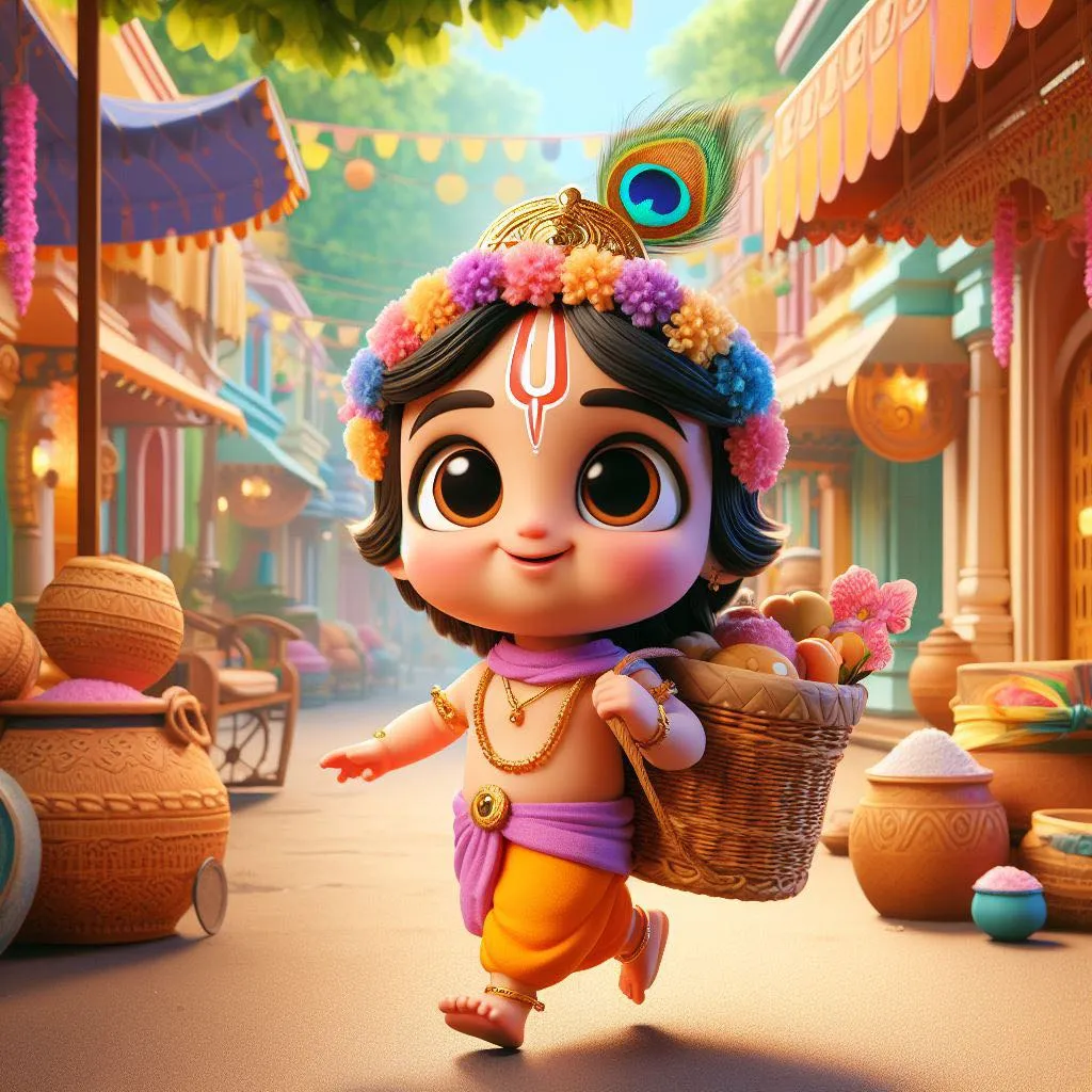 a little krishna character carrying a basket of food