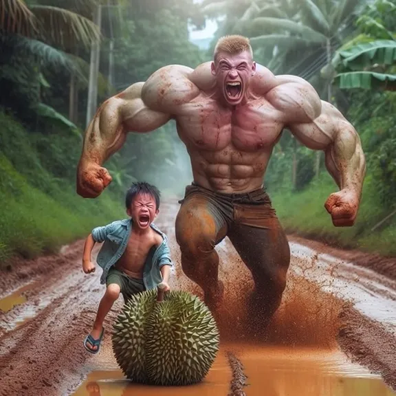 little boy is running away from a giant durian-monster