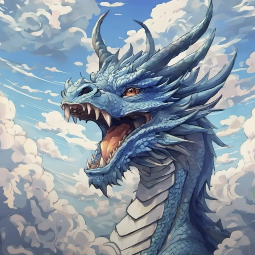 a blue dragon with its mouth open and clouds in the background