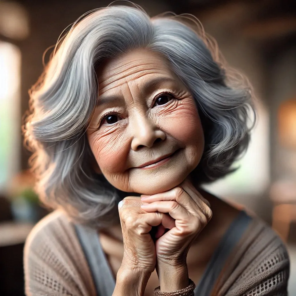 A picture of an elderly woman with grey hair, sitting in a softly lit and warm room. She is making a cute gesture by resting her chin on both hands. Her face looks thoughtful, as if she is waiting for something. The background is a cozy cafe or quiet living room, creating a warm and relaxed atmosphere. The mood of the picture conveys a sense of calm with a subtle hint of loneliness., advertising style