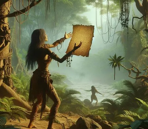 a painting of a woman holding a map in a jungle