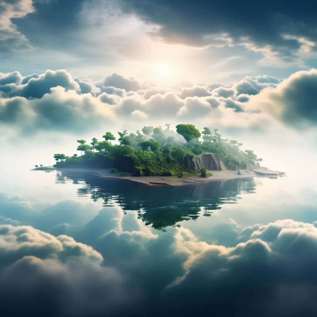 a small island floating in the middle of clouds