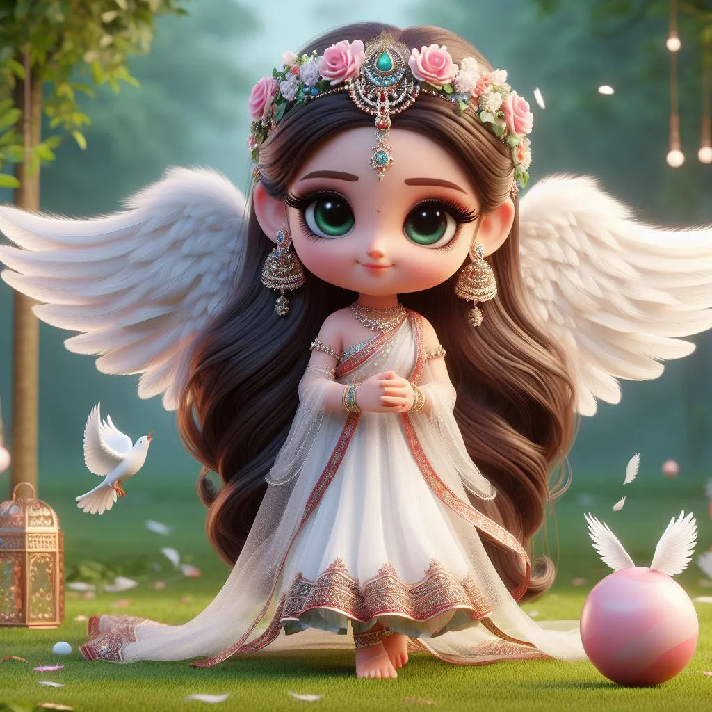 a little fairy girl with angel wings and a white dress