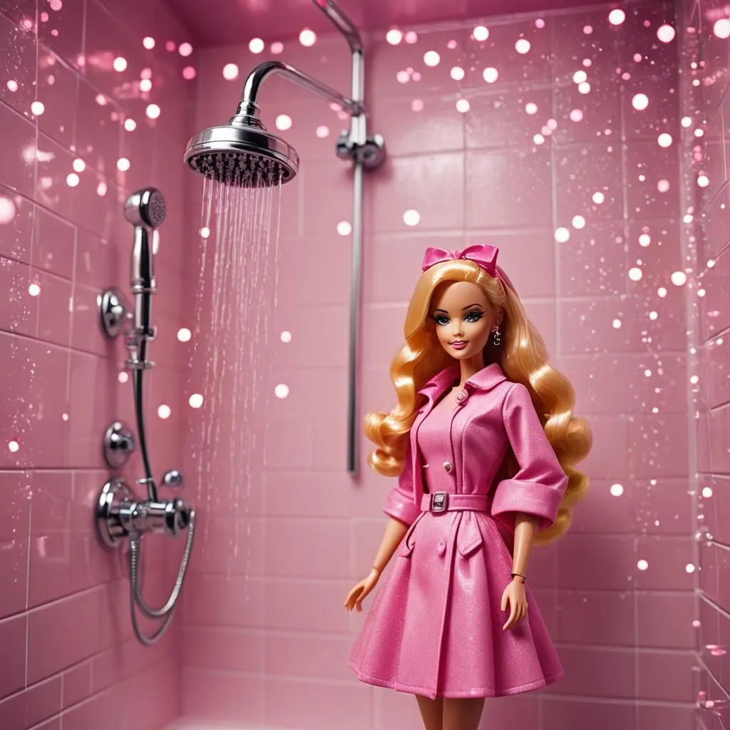 a barbie doll standing in a purple 
 bathroom