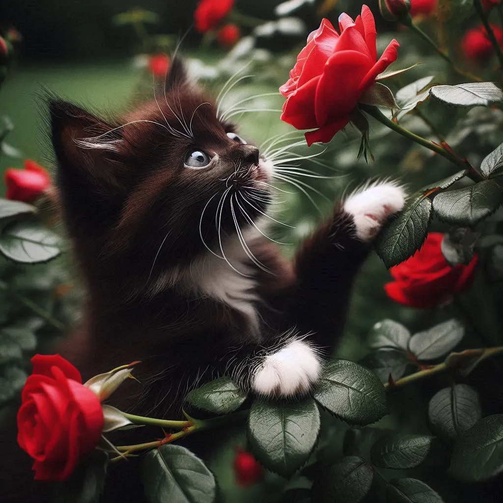 a black and white kitten reaching up to a red rose