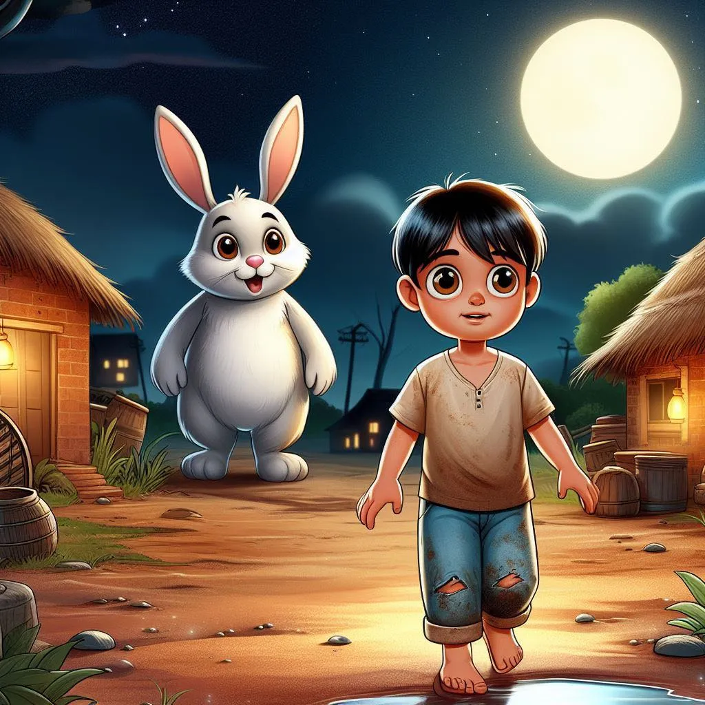 a little boy standing next to a rabbit in a village