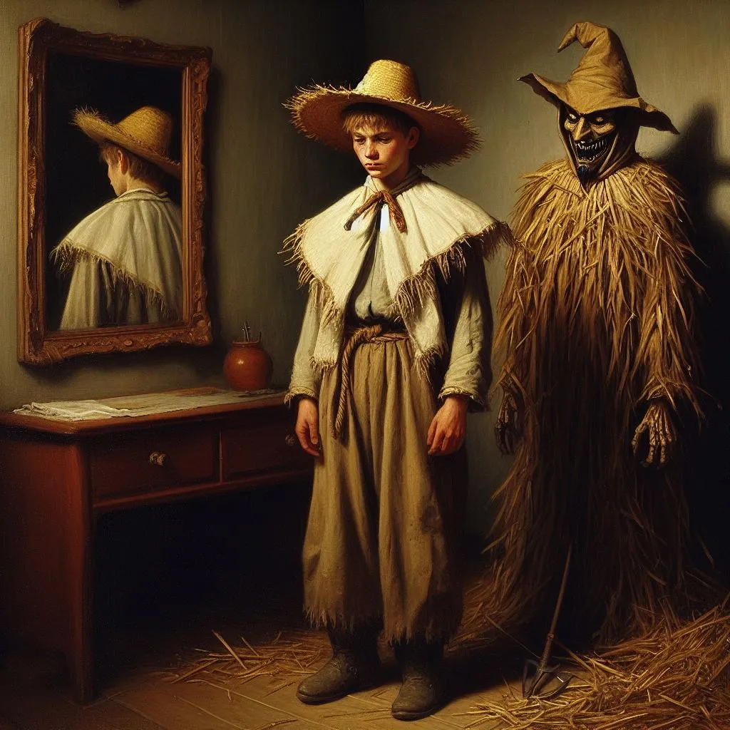 a painting of a boy wearing a scarecrow costume