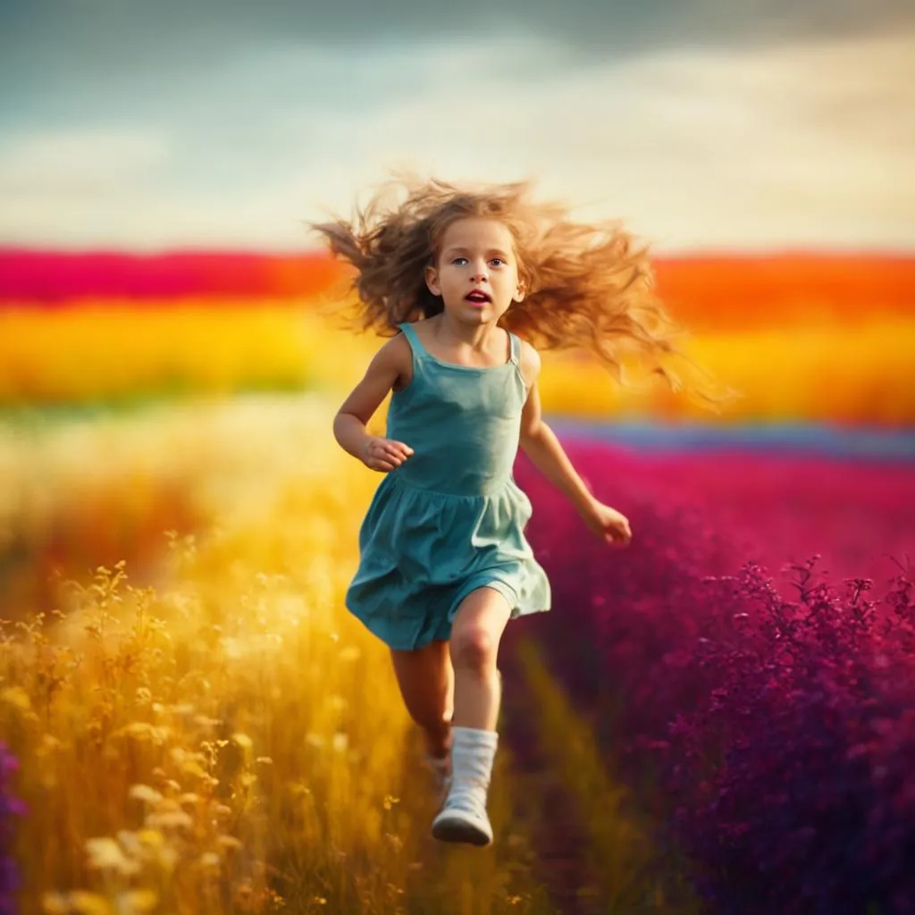 a little girl running through a field of flowers