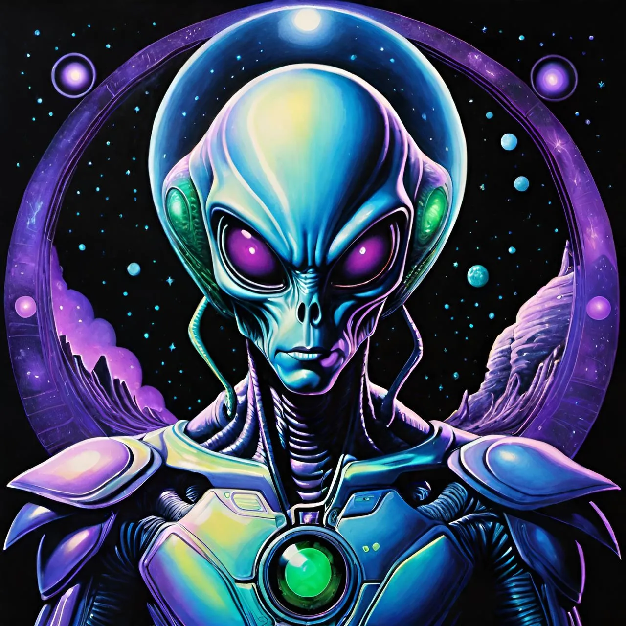 a painting of an alien with a green eye