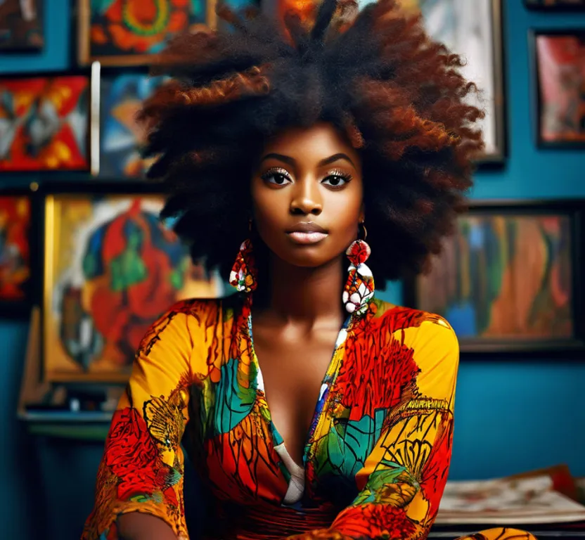 a young woman with natural hair sitting in front of her photograph paintings