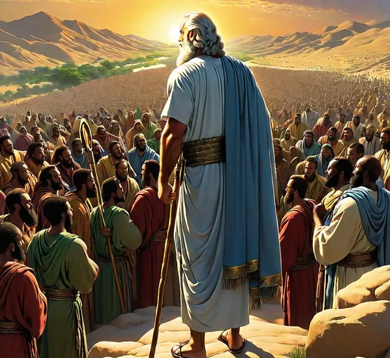 a painting of a man standing in front of a crowd of people