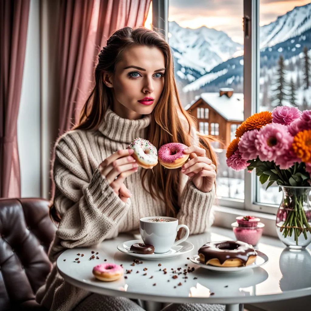 a woman sitting at a table with a cup of coffee and a doughnut