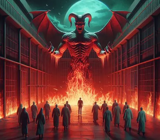 a painting of a demonic demon surrounded by people