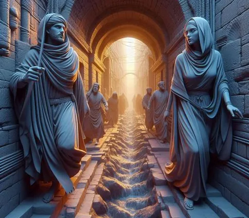 a group of statues standing in a tunnel