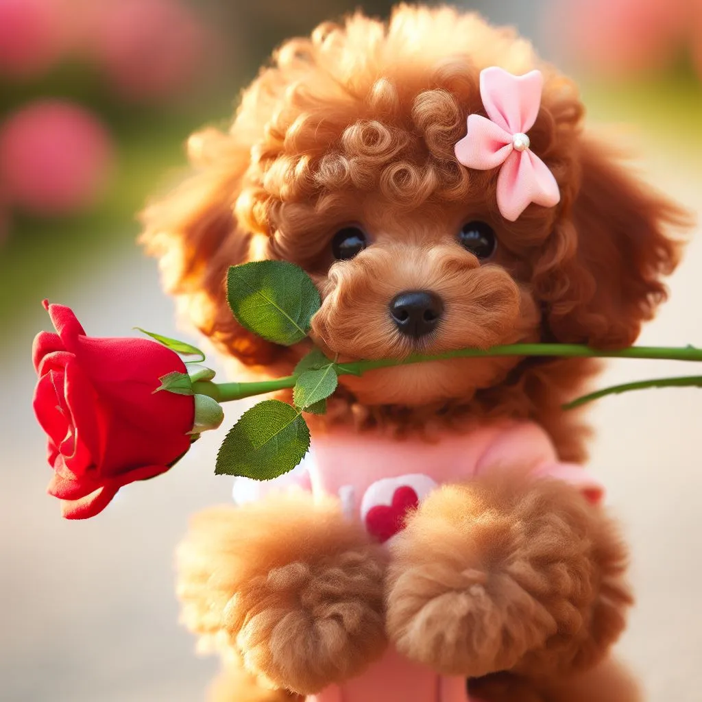 a toy poodle holding a rose in its mouth