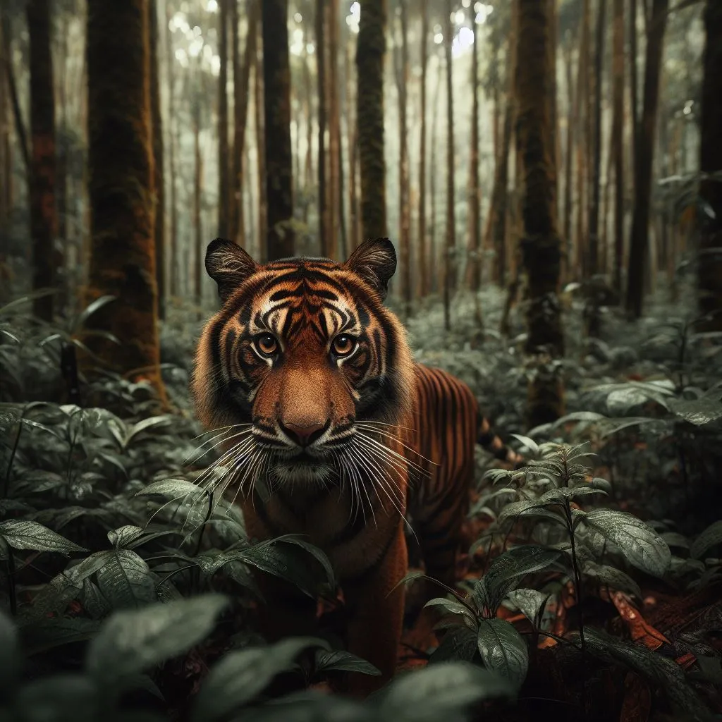 a tiger standing in the middle of a forest