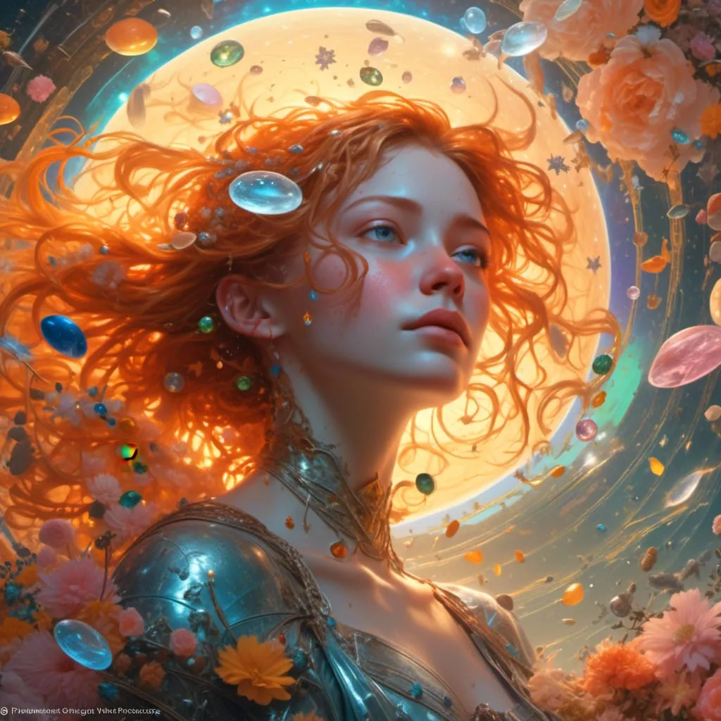 a woman with red hair is surrounded by bubbles